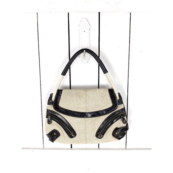 Vintage ivory black twill cotton shoulder rope bag - Picture 1 of 6